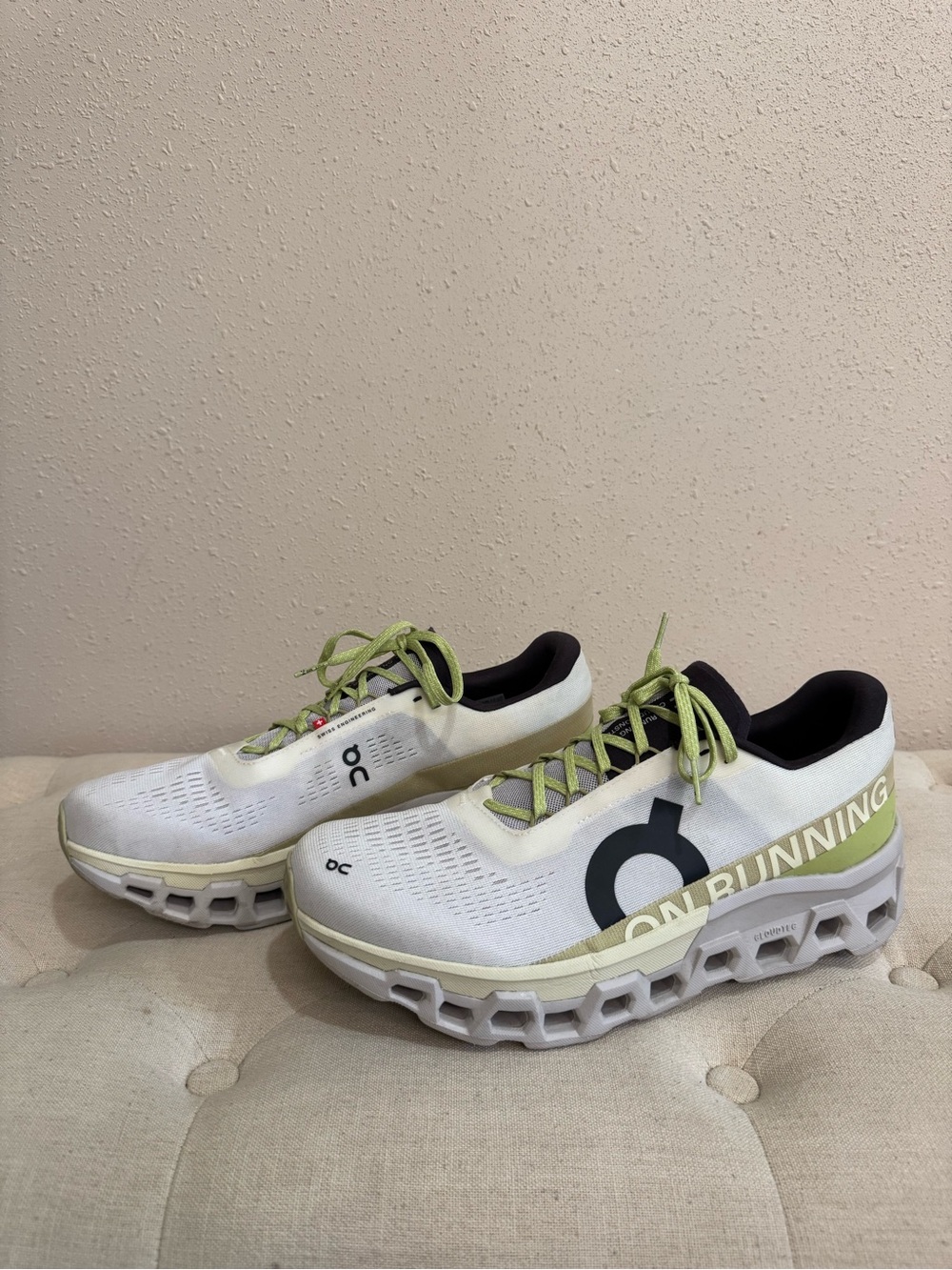 On Running Men's Cloudmonster 2 White with Lime Accent Running Shoes 13